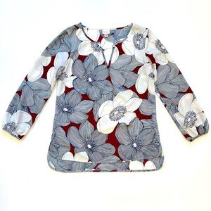 Merona Blue White Long Sleeve Floral Flowers Chiffon V Neck Blouse Womens XS EUC